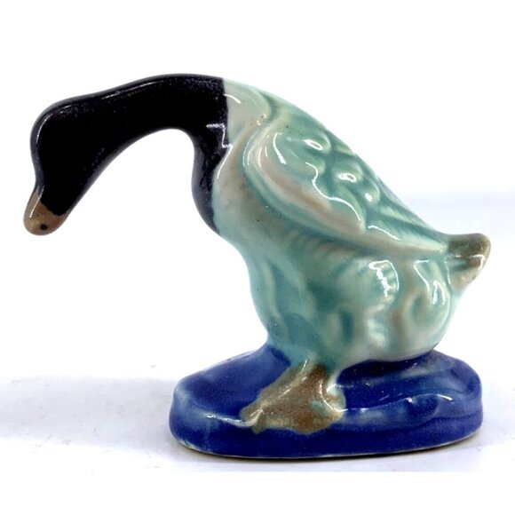 Majolica Figurine Bird Duck Goose Green Swan Porcelain 2 1/4" Tall Vintage - Picture 5 of 7